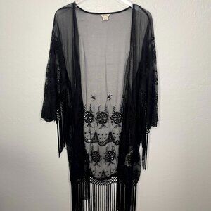 Ariat Sheer Floral Black Fringe Lace Duster Kimono XL/XXL NWOT
